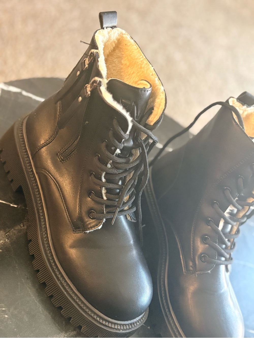 SHEIN Black Lace-Up Fur Lined Combat Boots